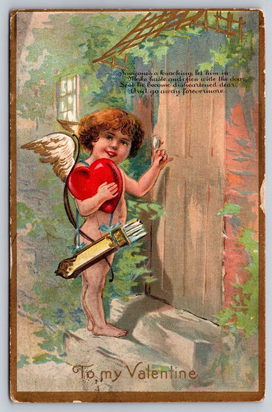 Antique 1909 Valentine Postcard Cupid Knocking at Door Embossed Series No 1